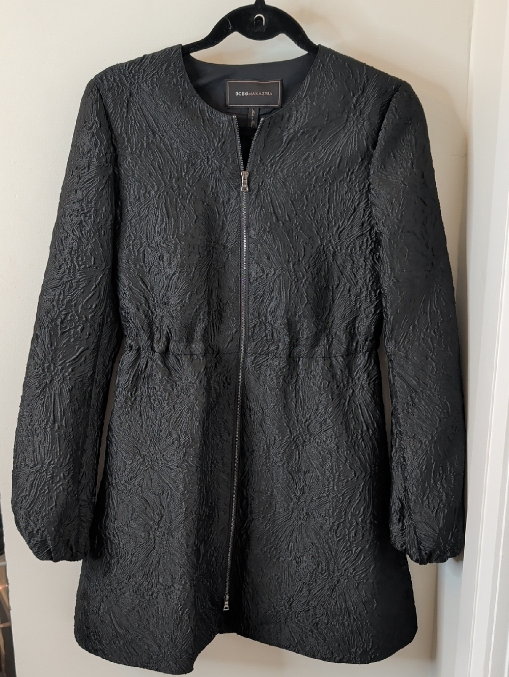 BCBGMAXAZRIA Alcott Black Floral Jacquard Zip Coat Dress XXS